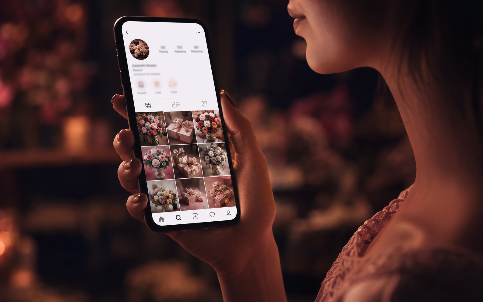 Mulher segurando celular mostrando o feed do Instagram de uma loja de flores e presentes