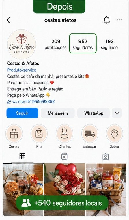 Print real do perfil da Cestas e Afetos depois do método